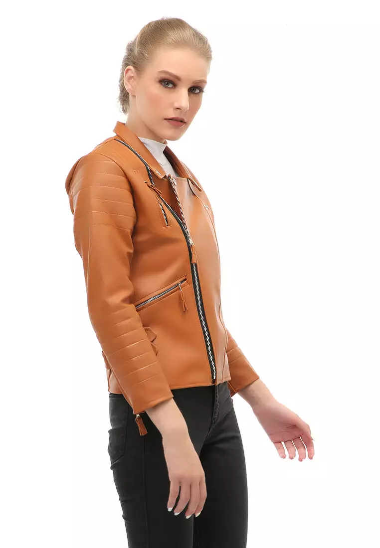 Glenice Jacket Outer Wanita Lengan Panjang Windproof Zipper Pocket Material Leather ORIGINAL - Tan