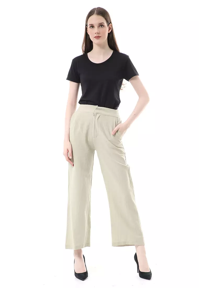 Celana Kulot Bawahan Wanita Highwaist Desain Casual Motif Polos Regular Fit - Sage
