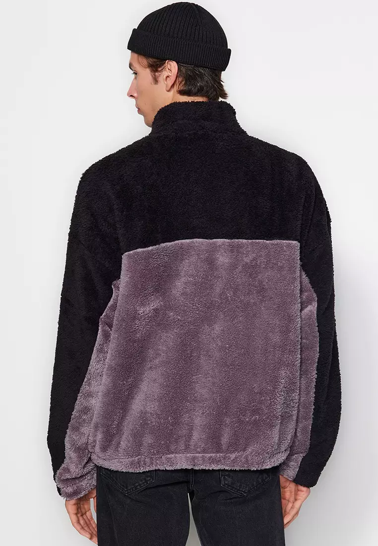 Stand Collar Zipper Color Block Color Block Thick Fleece/Plush Sweatshirt with Minimal Embroidery.