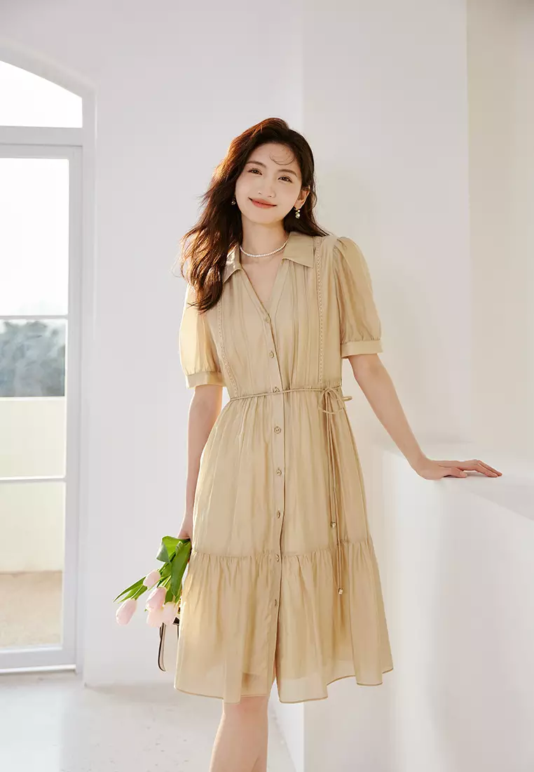 Simple Puff Sleeve Button Front Shirt Dress