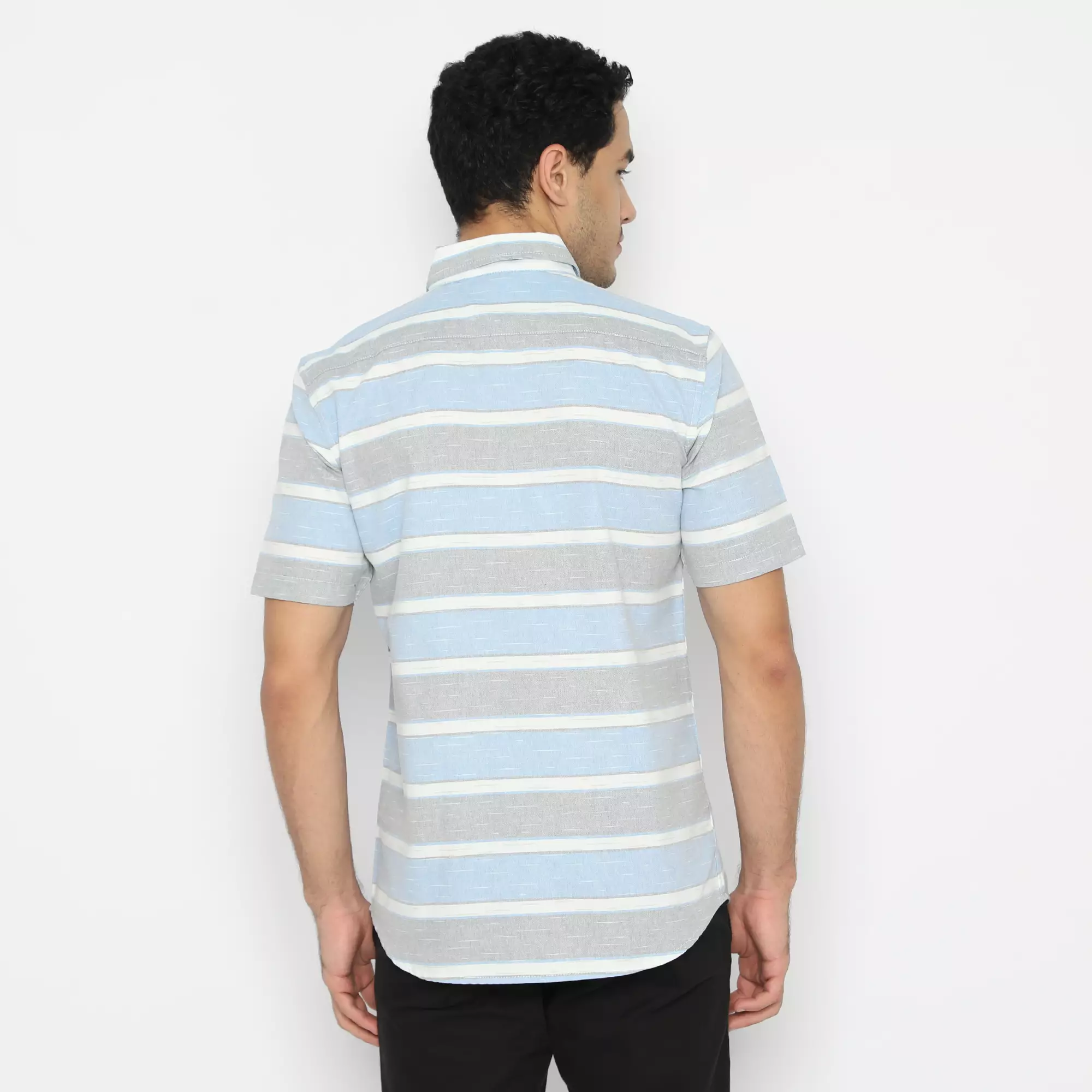 Platini Kemeja Motif Salur Pria Lengan Pendek Katun Biru 73265