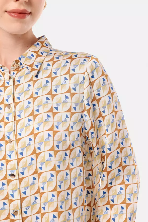 MINIMAL - Glow - Kemeja Satin Motif geometris - Beige Warna Beige