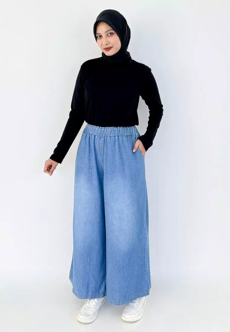 Jasmin Denim Kulot BIRU MUDA Celana Jeans Wanita Wide leg Fit BB 43-80 kg