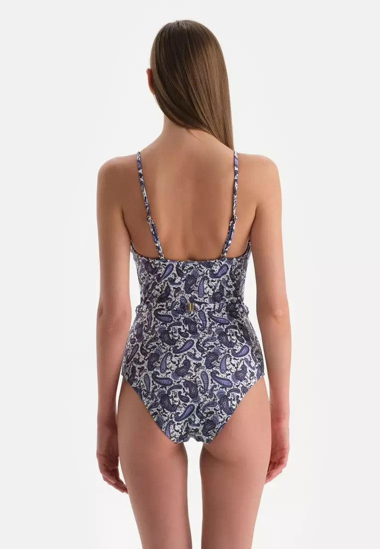 Ecru-Purple Swimsuit, Paisley Patterned, Triangle Wide, Cupless, Swimwear for Women