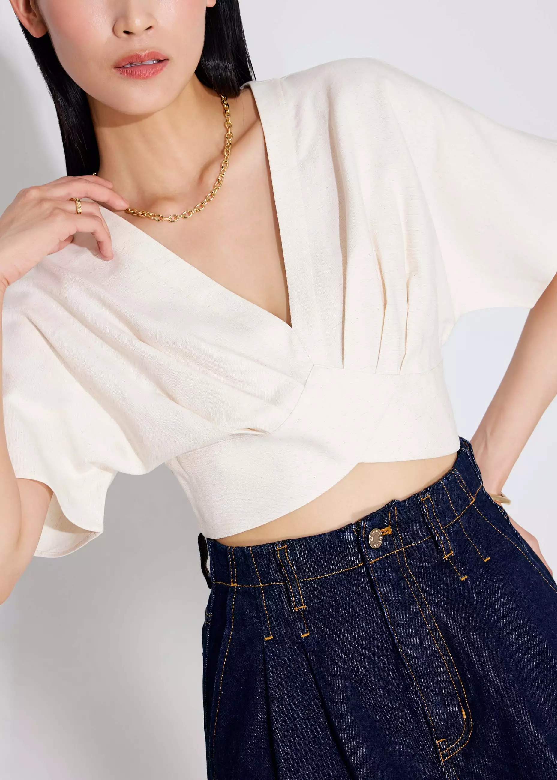 Atasan Wanita - V-neck Kimono Sleeve Crop Top