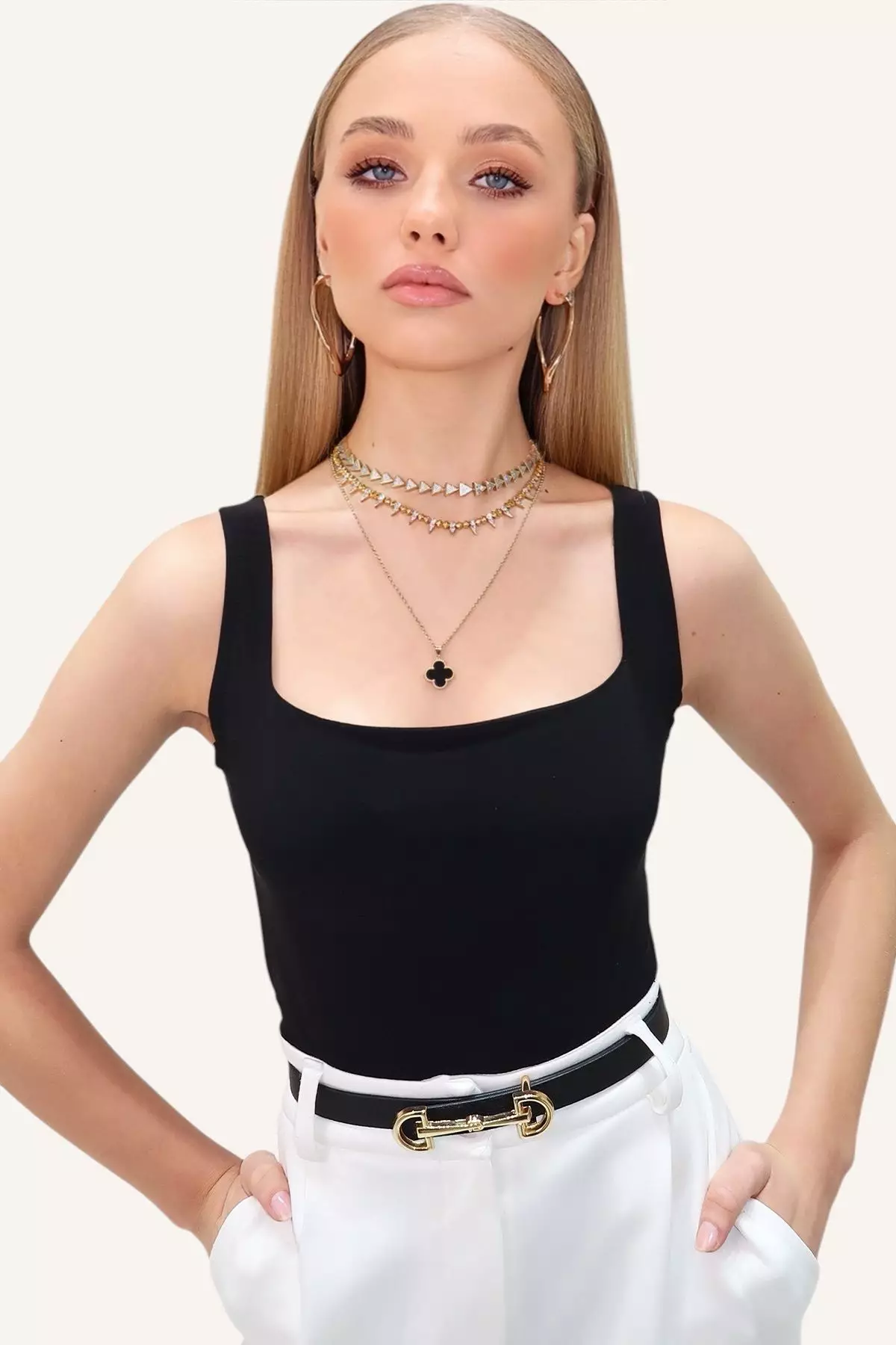 Women's Black Square Neck Thin Strap Sandy Fabric Blouse