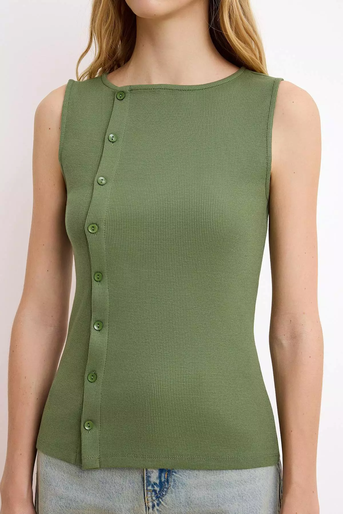 Khaki Buttoned Asymmetrical Fitted/Flattering Corded Fabric Stretchy Knitted Blouse Twoss25Bz394