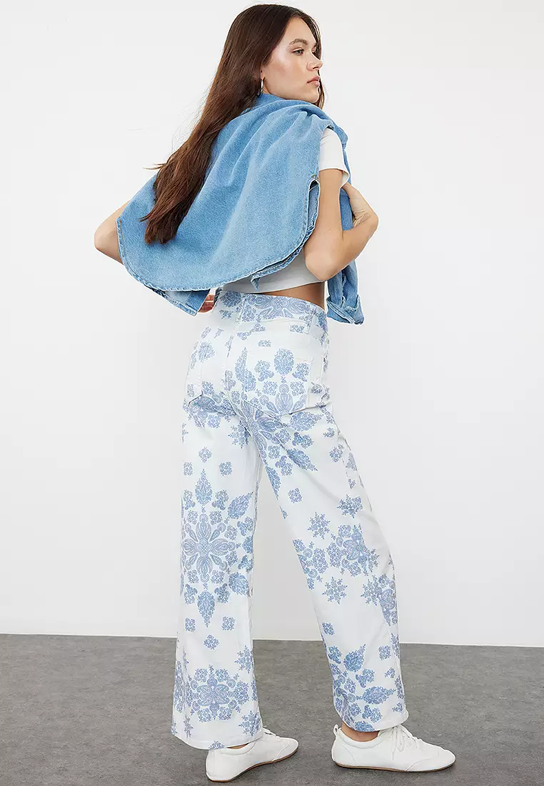 Floral Pattern High Waist Culotte Jeans