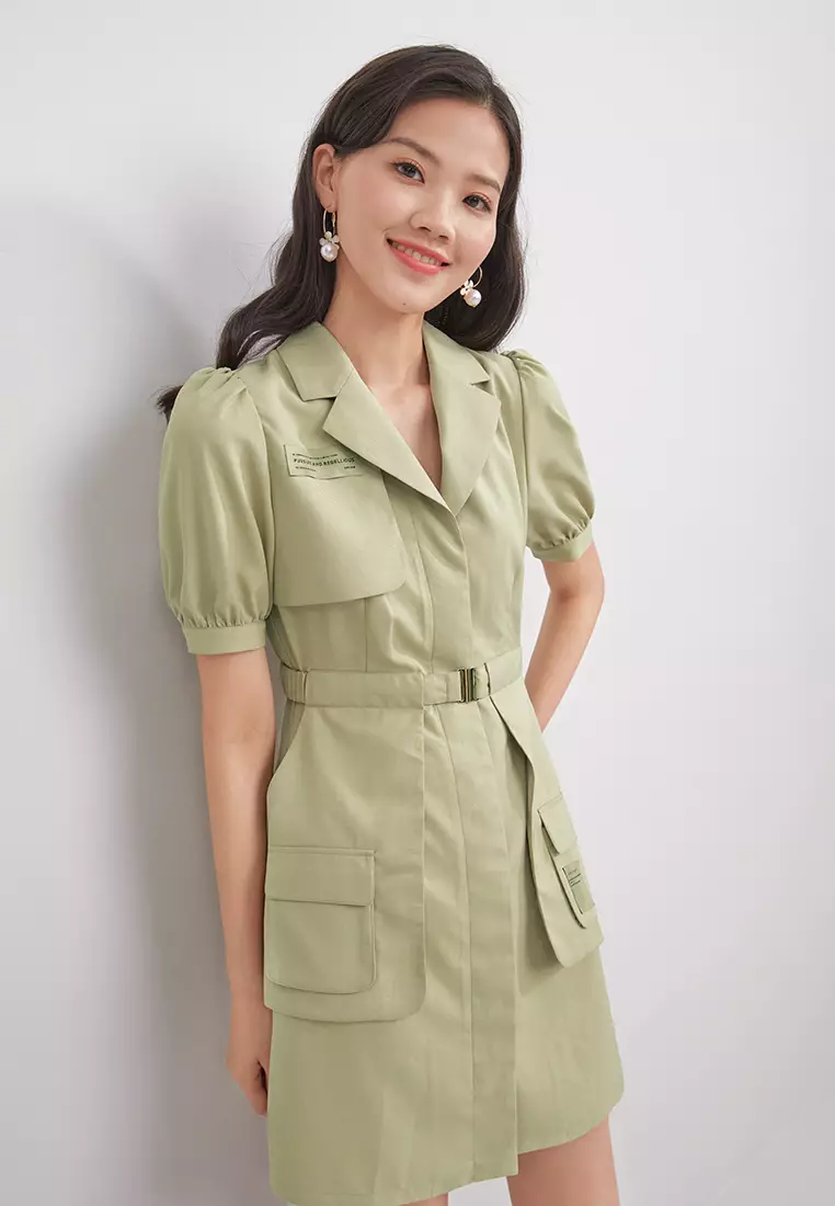 Puff Sleeve Single Breasted Mini Dress