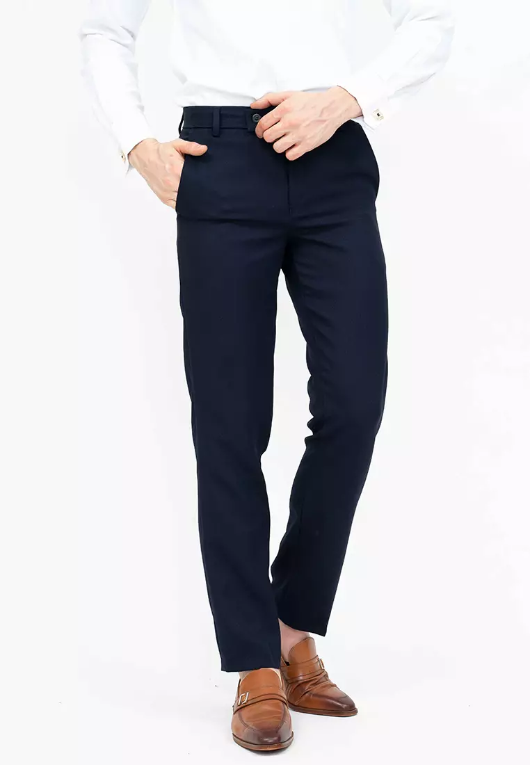 Celana panjang pria slim fit kerja formal button celana bahan stretch navy