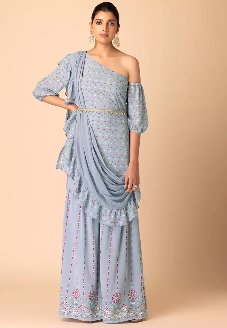 Light Blue Foil Print Sharara And Short Kurta With Attached Ruffled Dupatta And Belt (Set of 3)