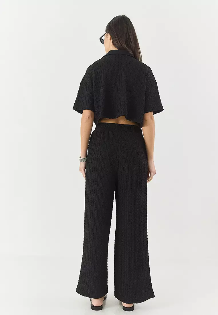 Women's Seersucker Crop Jacket Elastic Waistband High Waist Pants Top And Bottom Set 9313 60281043