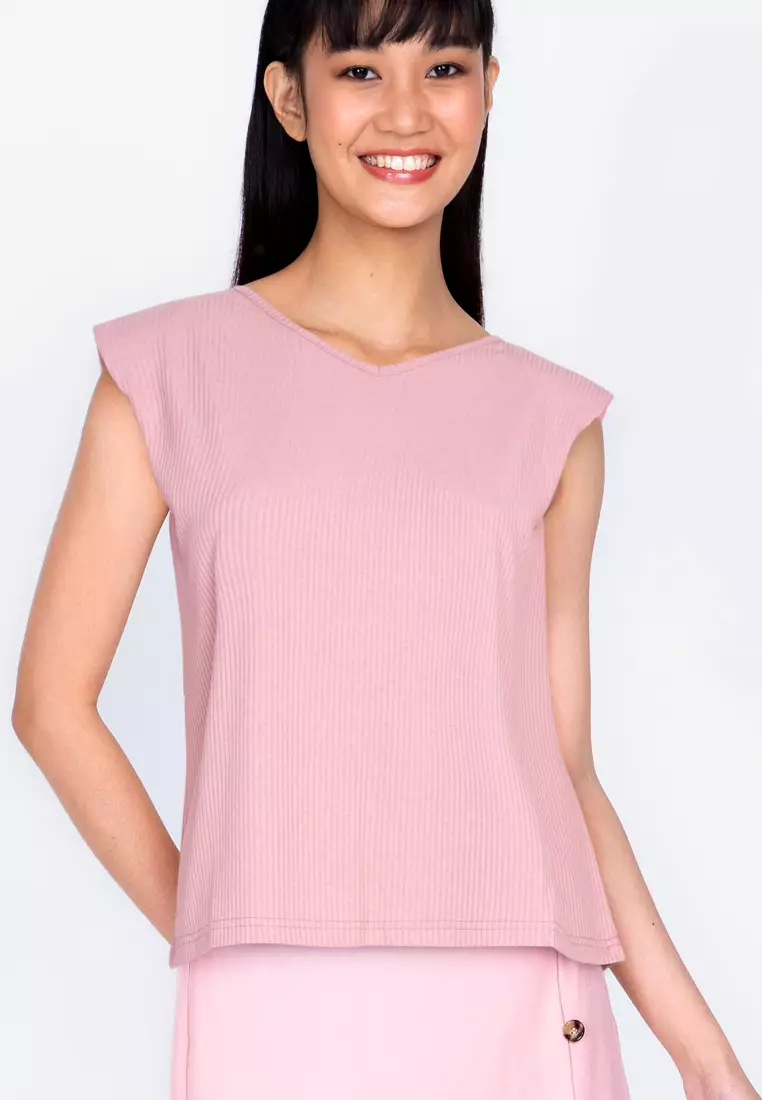 Buy ZALORA BASICS Rib V Neck Shoulder Pad Tshirt 2024 Online ZALORA