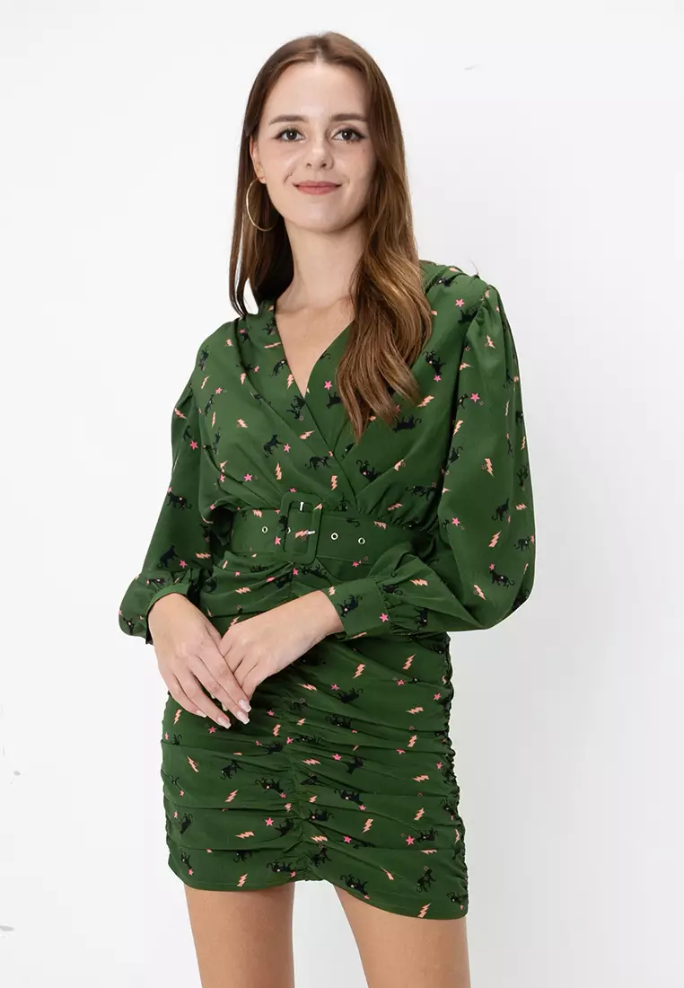 green emerald velvet dress Green Printed Short Sleeve Belted Mini Dress  AX Paris