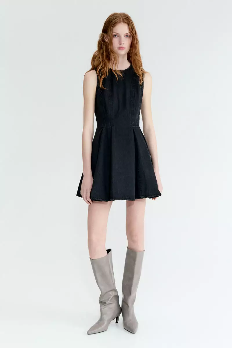 Flared-skirt denim dress