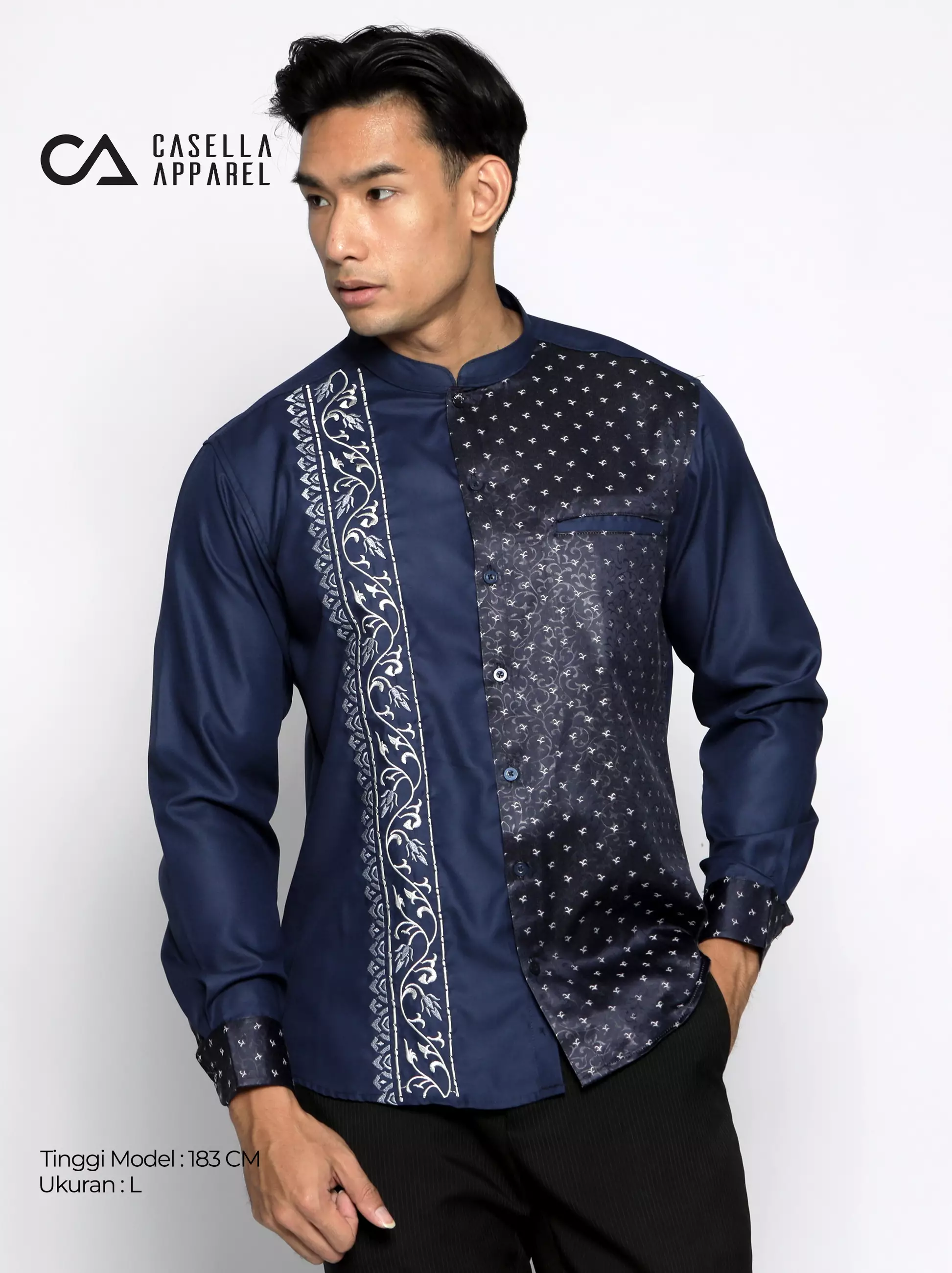 Casella Baju Koko Pria Lengan Panjang Premium | Baju Koko Batik Riyadh Arabesque 9924 Navy