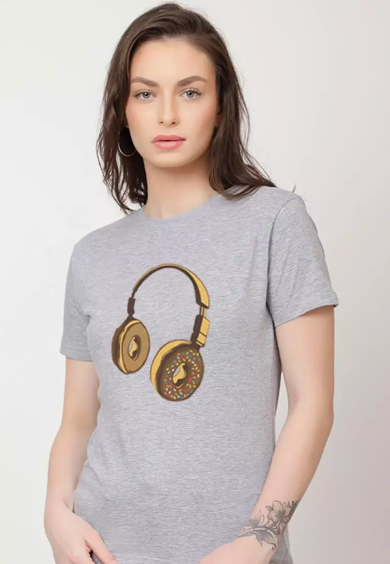 耳机甜甜圈休闲短袖时尚灰色棉质休闲图案印花 T 恤/T 恤