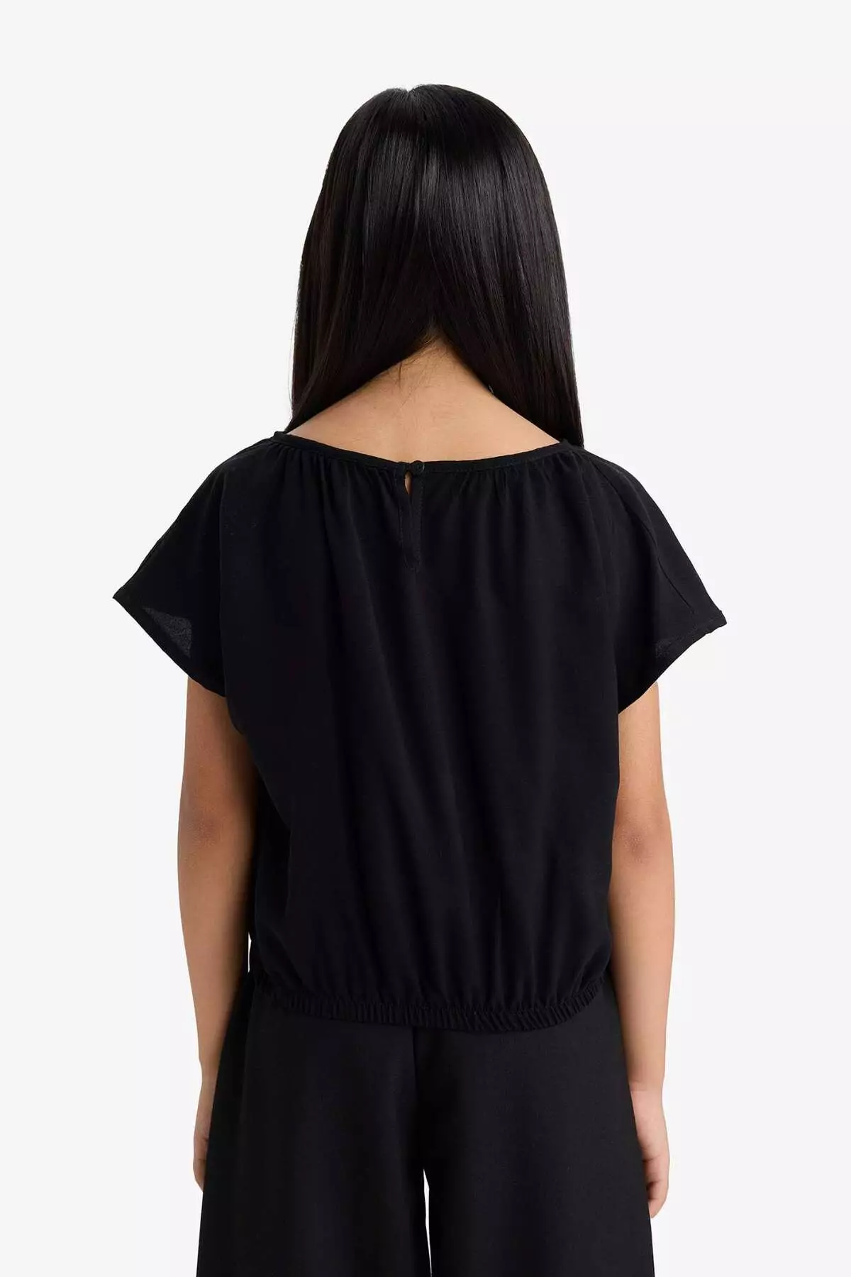 Girls' Round Neck Short Sleeve Black Blouse E6855A825Sm