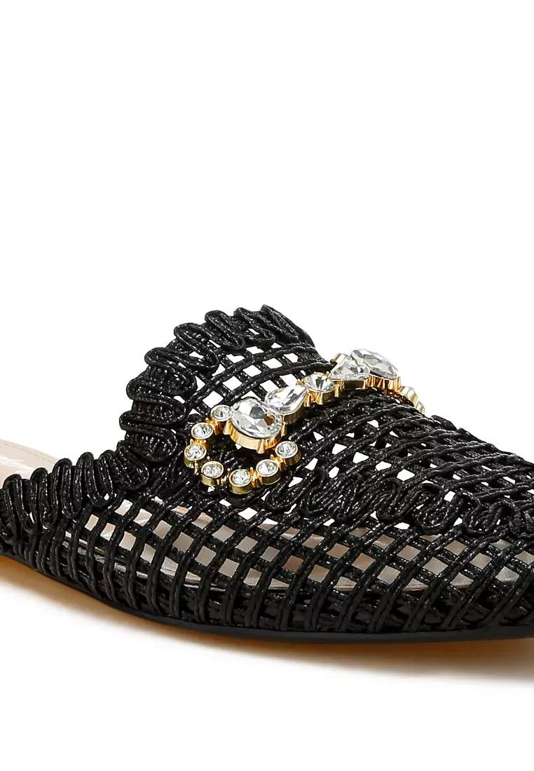 Metallic Woven Diamante Mules in Black
