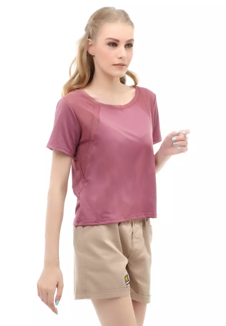 Wish Kaos Sport Wanita Short Sleeve Absorb Sweat Kombinasi Jaring Material Polyester ORIGINAL - Raspberry