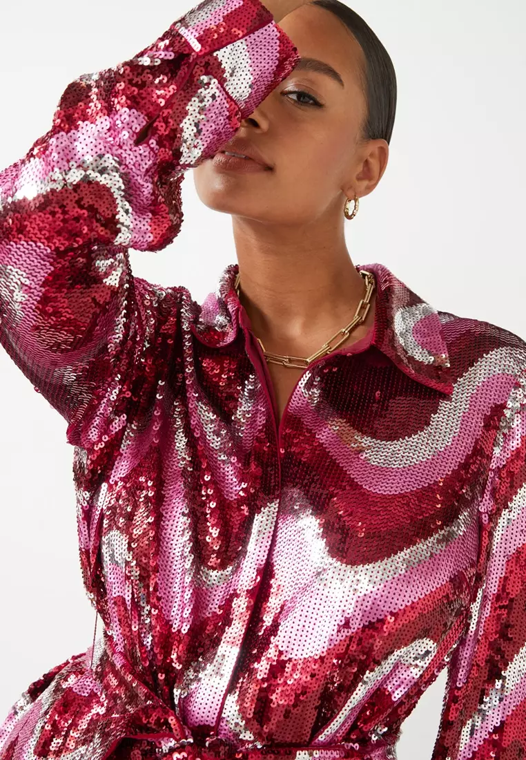 Sequin Swirl Shirt Dress