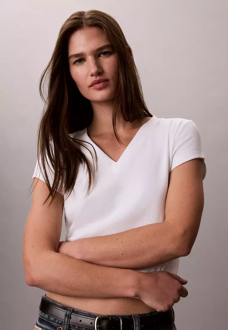 Slim Ribbed Cotton V-Neck T-Shirt - Calvin Klein Jeans