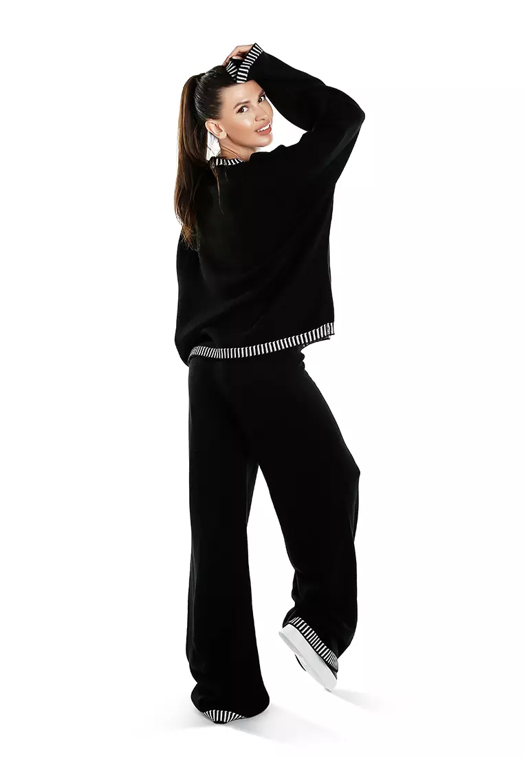 Contrast Stitch Detail Knit Sweater Trouser in Monochrome