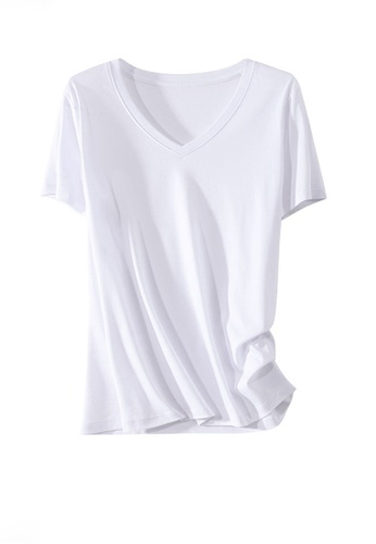 Twenty Eight Shoes white VANSA V-neck Mercerized Cotton Short-sleeved T-Shirt VCW-Ts1902V C15D0AAAA2C4E6GS_1