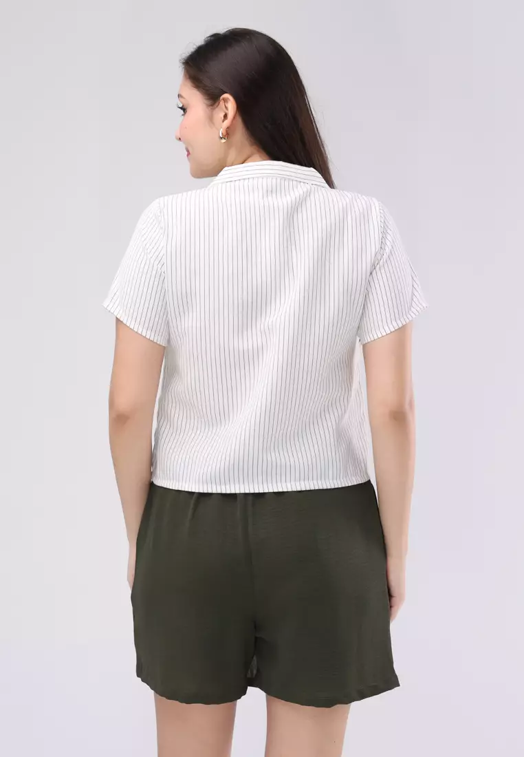 Cotton Stripes & Wrinkle Linen Short Sleeves Terno Skort