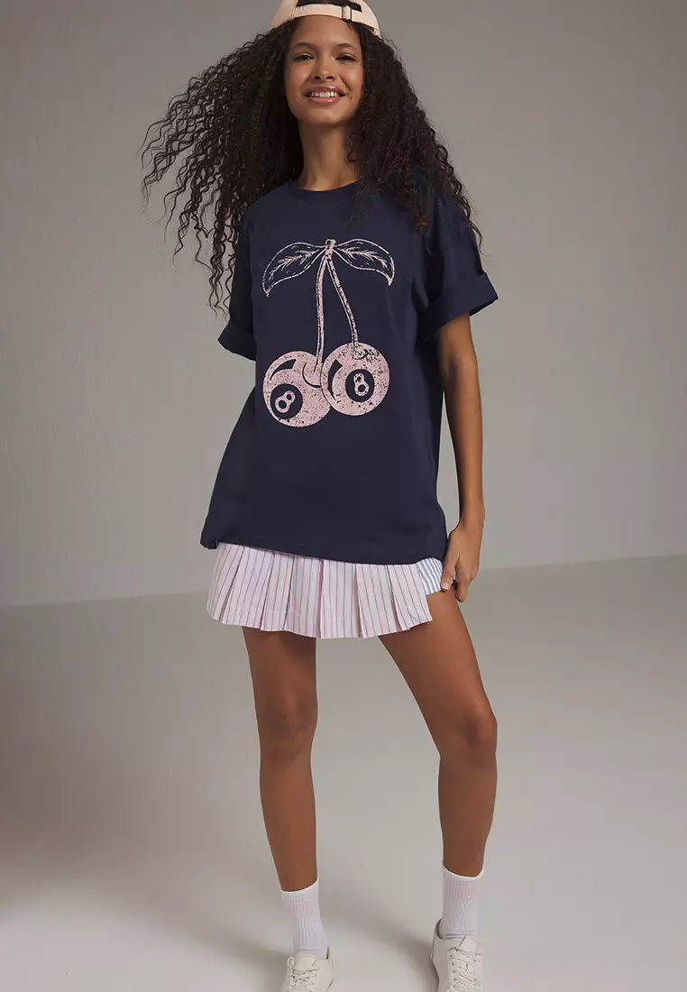 Navy Blue Cherry Printed Oversize/Wide Pattern Knitted T-Shirt