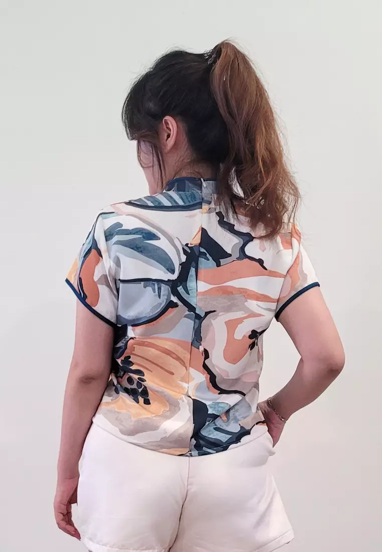 Ivory Cheongsam Cap Sleeves Top Orange White Printed Batik