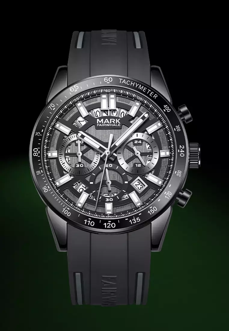 Unisex IP Black Alloy Chronograph Quartz Watch, 43mm, Rubber Strap