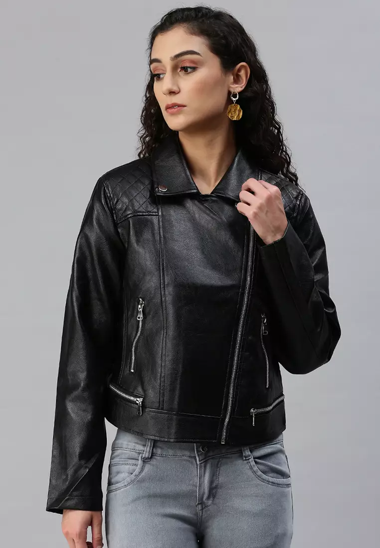 Edgy Black Leather Biker Jacket with Red Quilted Lining - Leather Skin Shop
