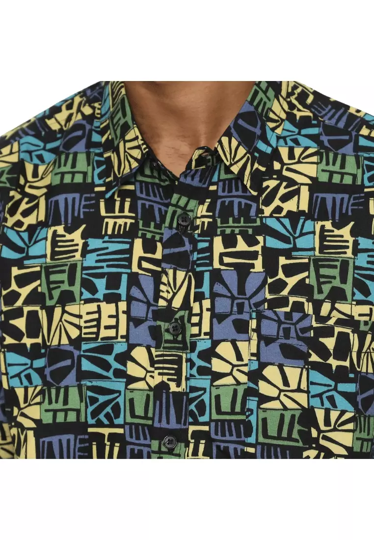 POLICE Kemeja Abstrak Printing Cotton Soft Yellow Blue Regular Fit Pria