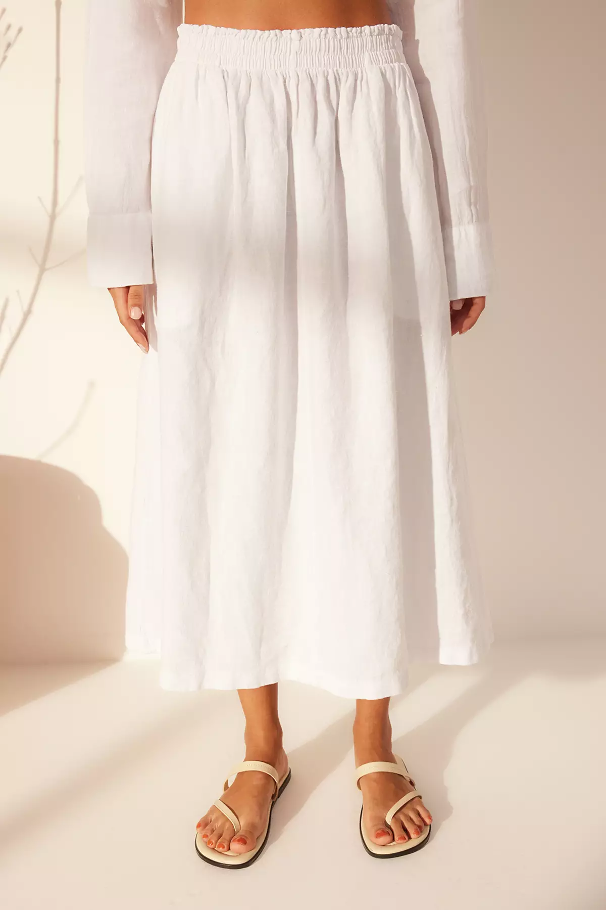 White 1% Linen Elastic Waist Midi Skirt Skirt Twoss26Et43