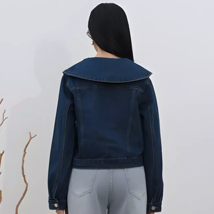 Elena Cropped Denim Lace Jacket in Navy