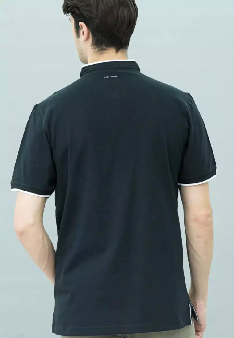 Johnwin - Kaos Henley - Kaos Lengan Pendek - Kerah Shanghai - Hitam - APS.321.M2871E.33.C-S/S