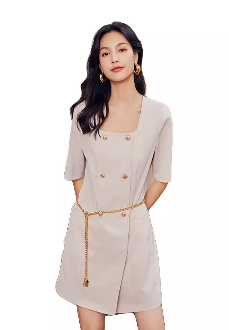 Square Neck Double Breasted Dress With Chain Belt