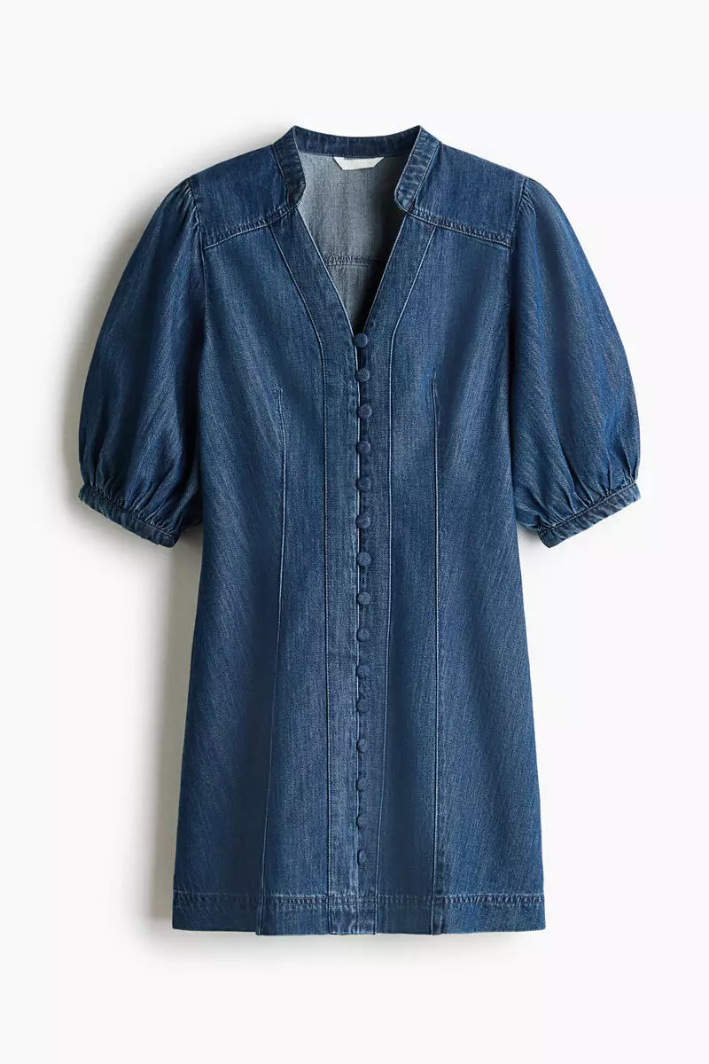 Puff-sleeved denim dress