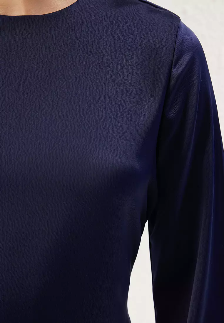 Navy Blue Brit Detailed Woven Satin Evening Dress TCTSS25DB00001