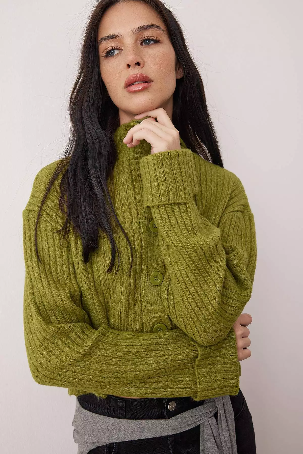 Oil Green Crop Soft Textured Stand Collar Knitwear Cardigan Twoaw22Hi0174