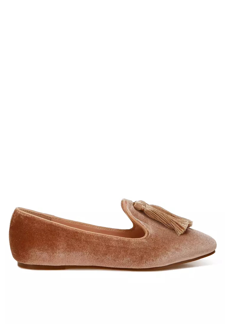 Iconic Tassel Detail Velvet Loafers in Beige