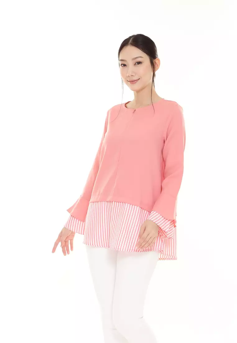 Zalia Top Plain Stripe Cotton Top in Peach Orange