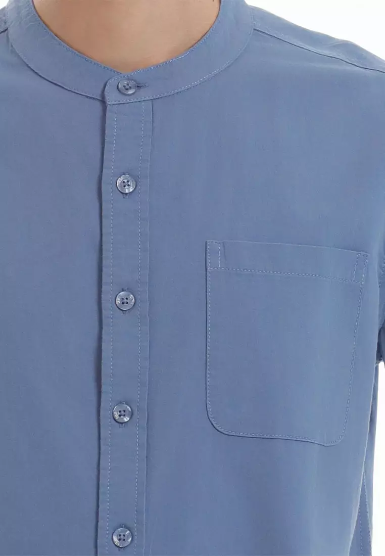 Forest Woven Mandarin Collar Short Sleeve Men Shirt | 621405-31Blue