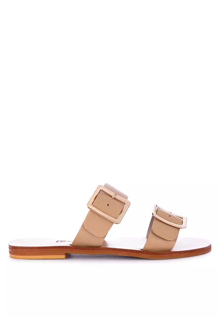 Two Strap Leather Slide Flats