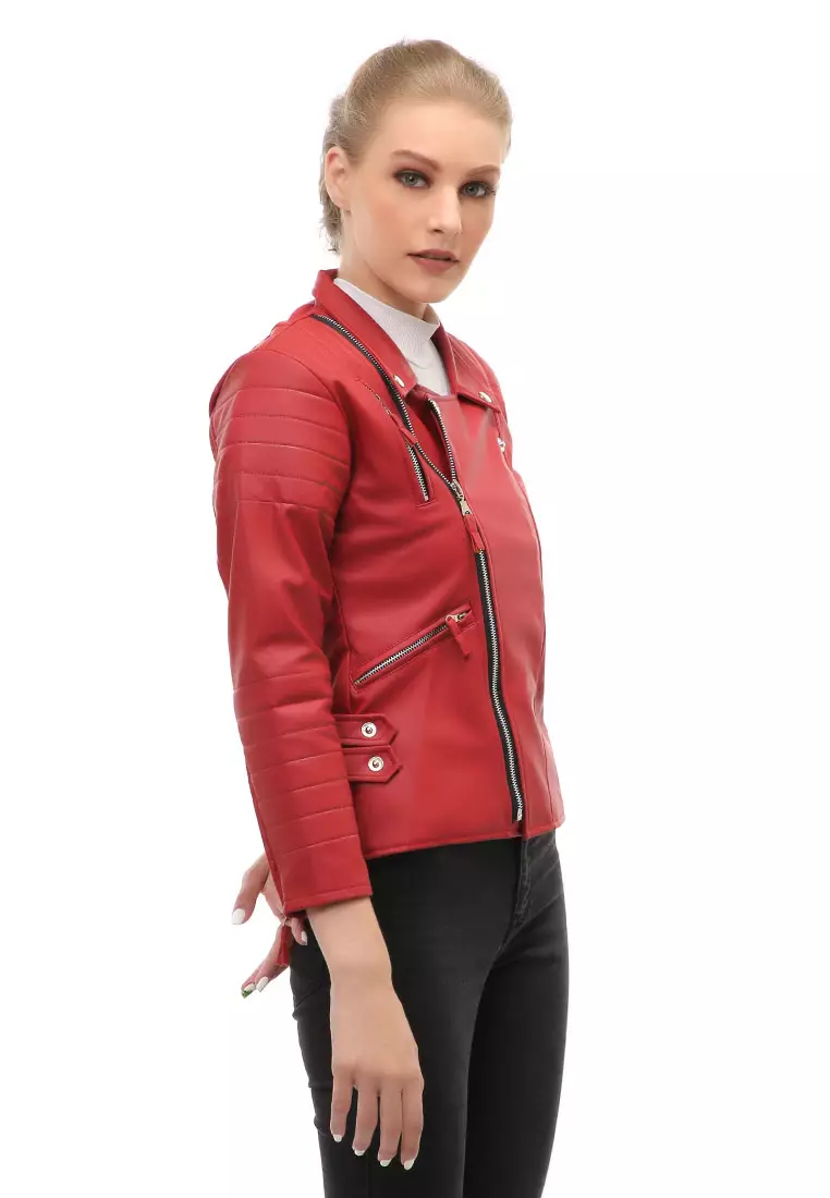 Glenice Jacket Outer Wanita Lengan Panjang Windproof Zipper Pocket Material Leather ORIGINAL