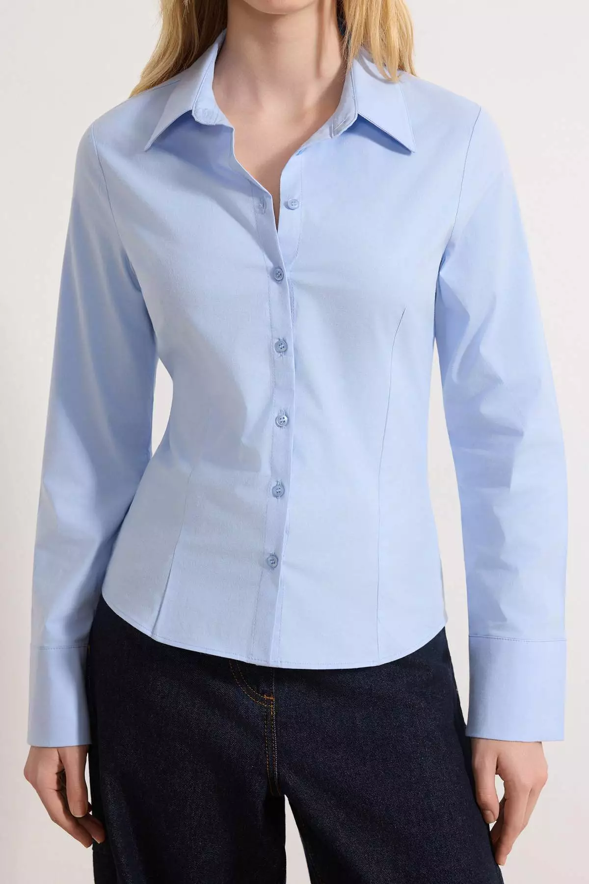 Wardrobe Essentials Light Blue Lightweight Waist-Fitted Cotton Woven Shirt Twoaw26Go22