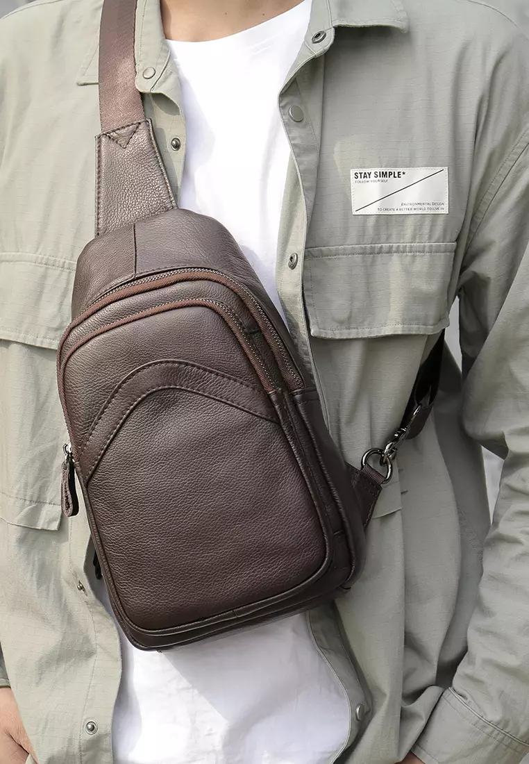 Men's Soft Cow Leather Zipper Belt Bags Chest Bags