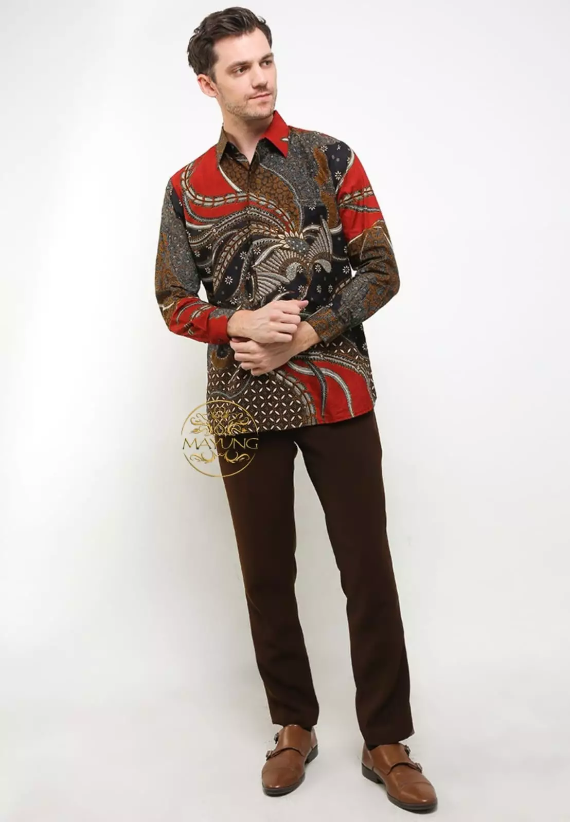 Dwi Cendrawasih Maron Kemeja Batik Pria Premium Slimfit Modern Lengan Panjang