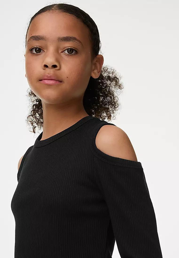 Cotton Rich Ribbed Cold Shoulder Top